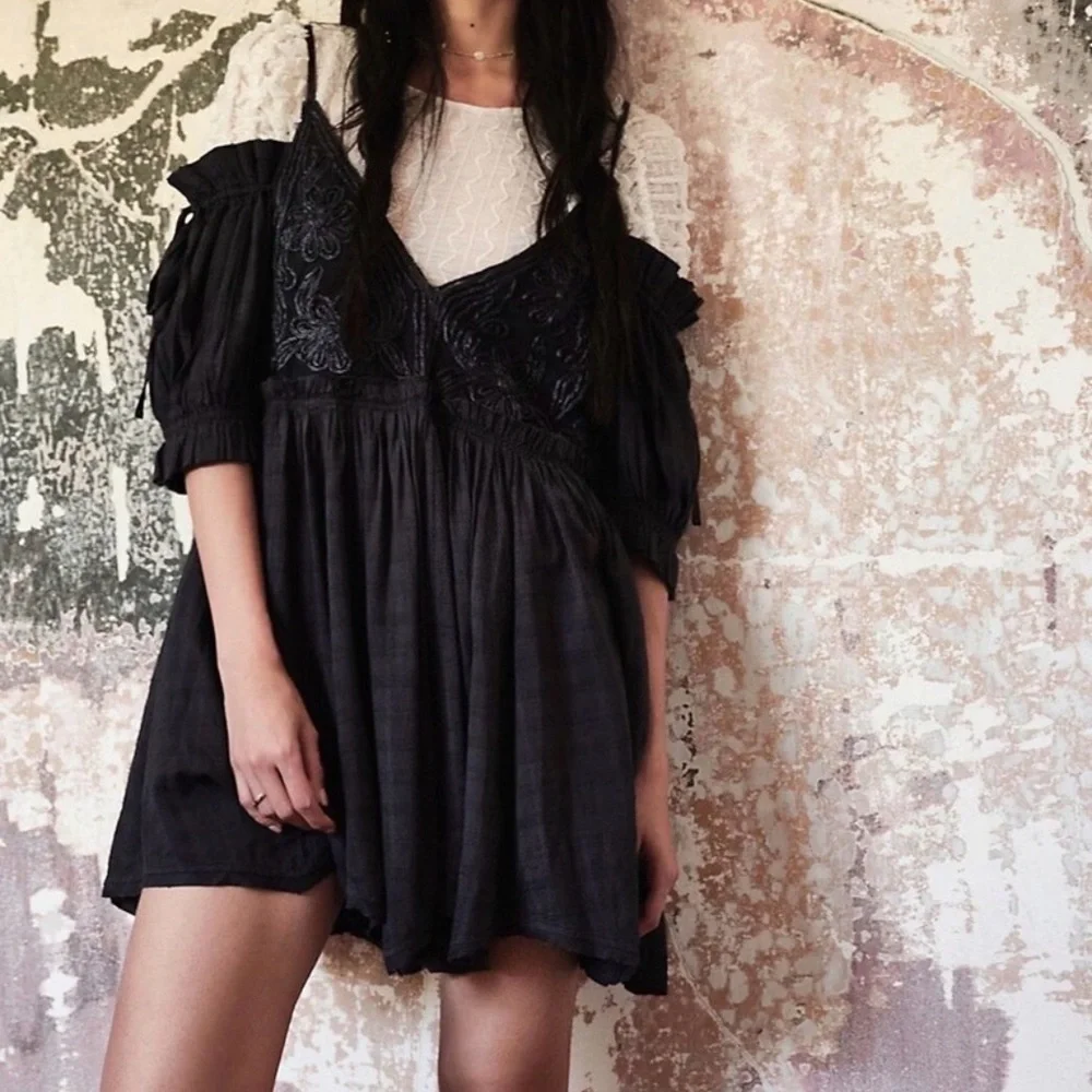 Free People Smocked Off / Cold Shoulder Dark Navy V Back Mini Dress - Picture 5 of 6